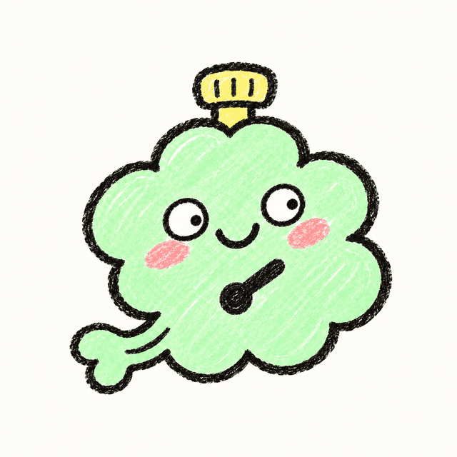 A smiling green fart cloud with a little yellow timer